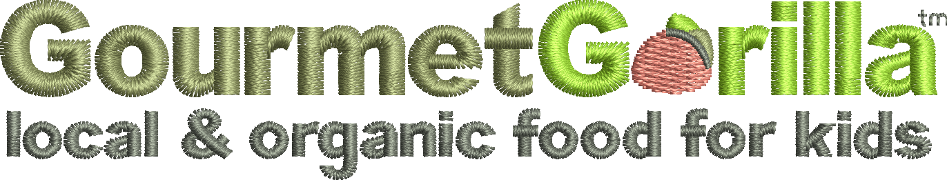 A logo for gourmet gorilla local and organic food for kids
