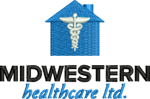 The logo for midwestern healthcare ltd. has a blue house with a caduceus on it.