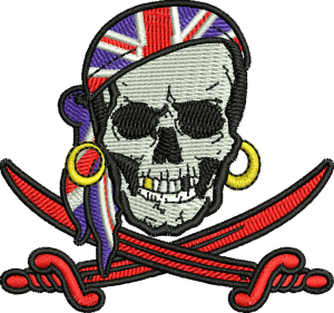 A pirate skull with a bandana and crossed swords
