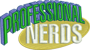 A logo for professional nerds is embroidered on a white background.
