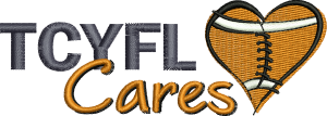 A logo for tcyfl cares with a football in the shape of a heart