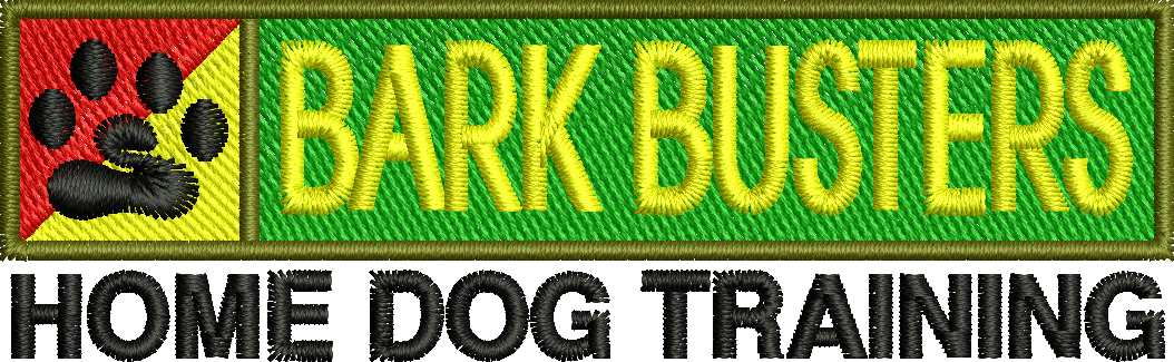 A logo for bark busters home dog training