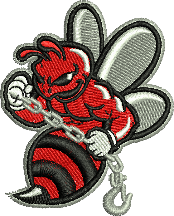 A red and black bee with a chain around its neck.