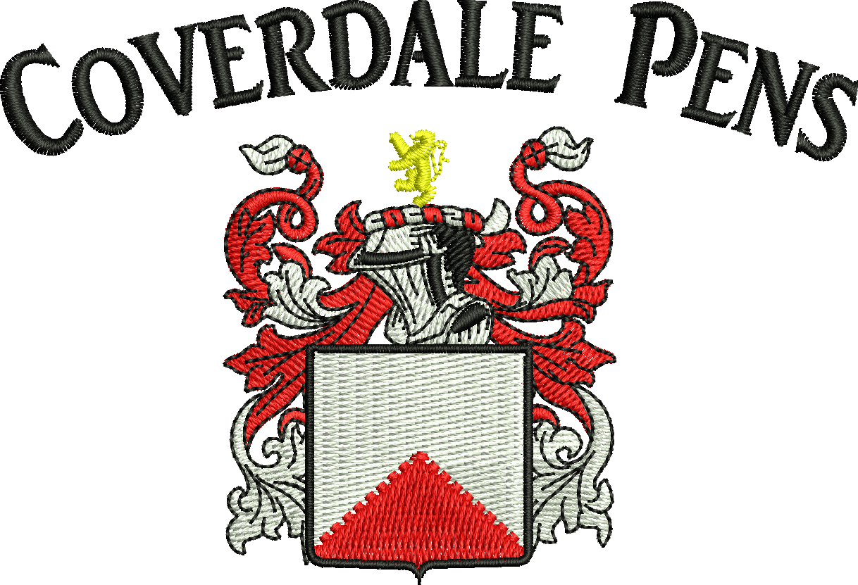 A coat of arms with the name coverdale pens on it.