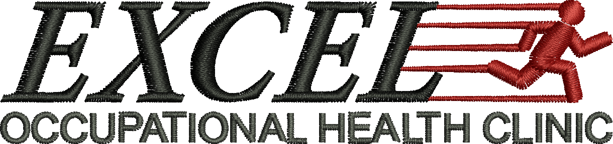 The logo for excel occupational health clinic is black and red.