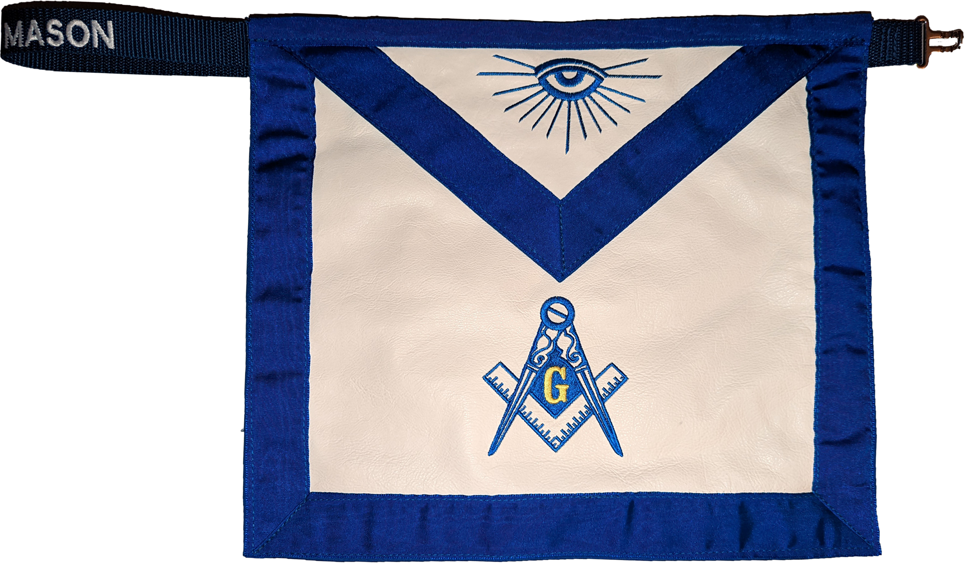 A blue and white apron with a masonic symbol on it