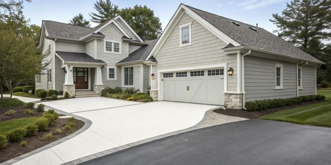 New concrete driveway in front of a modern suburban home.