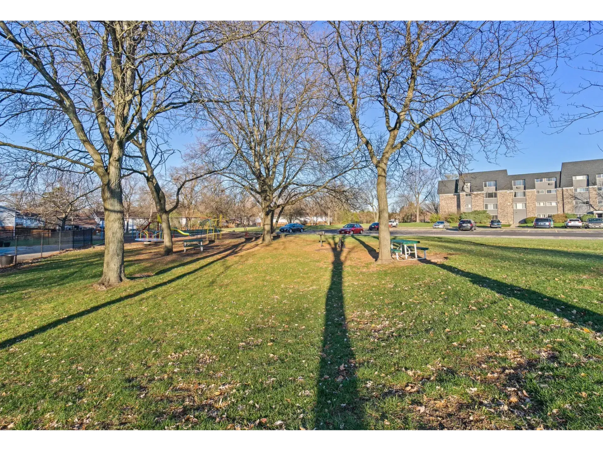 Open green space with trees and playground equipment, featuring an apartment building in the background.