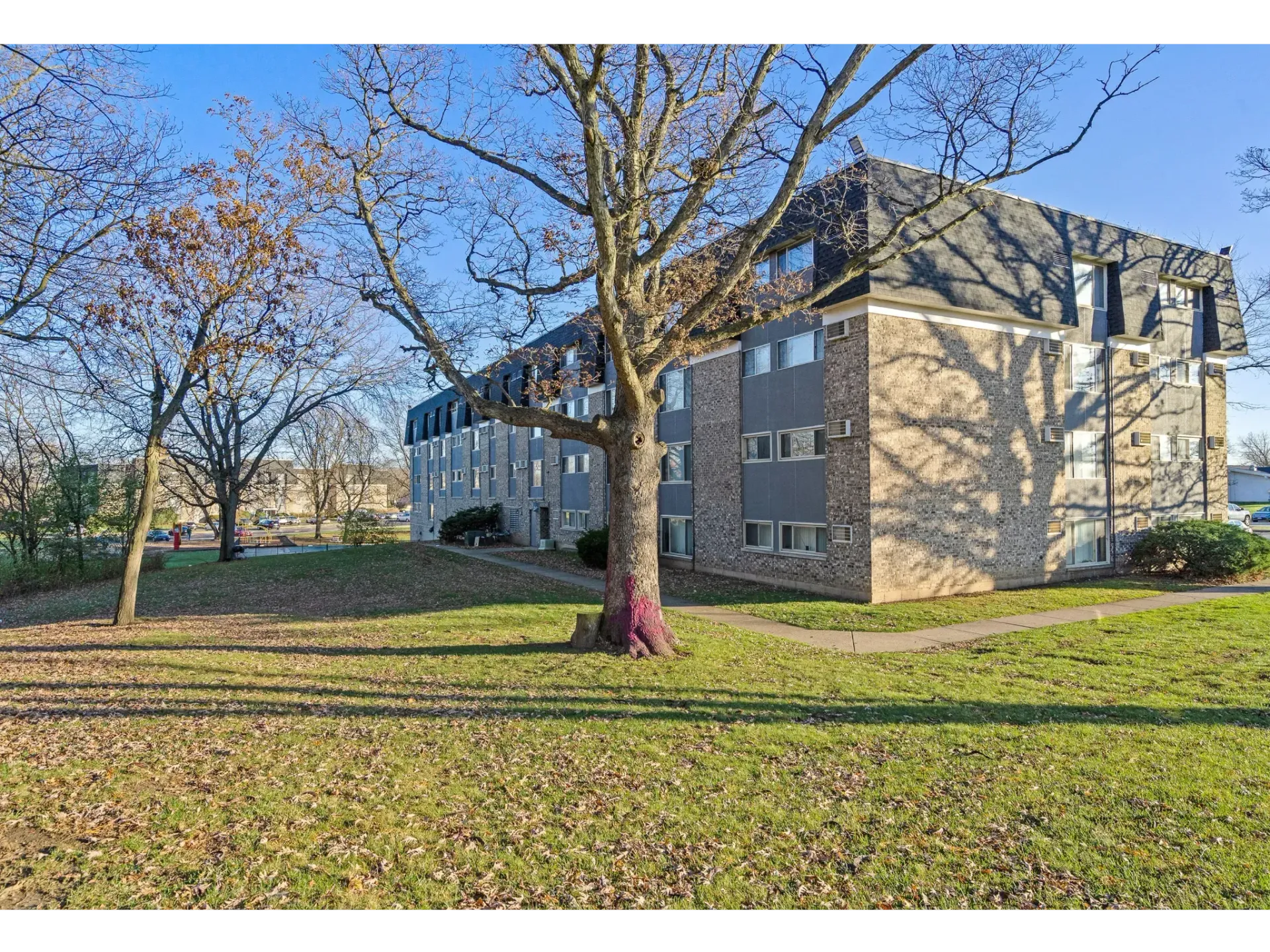 Exterior view of a residential building with trees and grass area