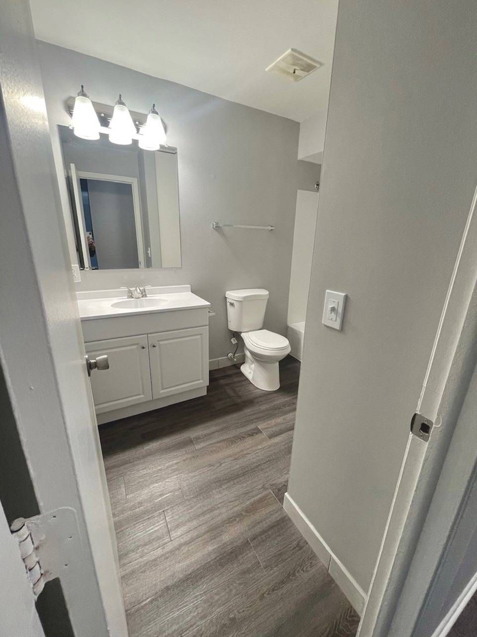 Small modern bathroom with vanity, mirror, toilet, and gray wood-look flooring.