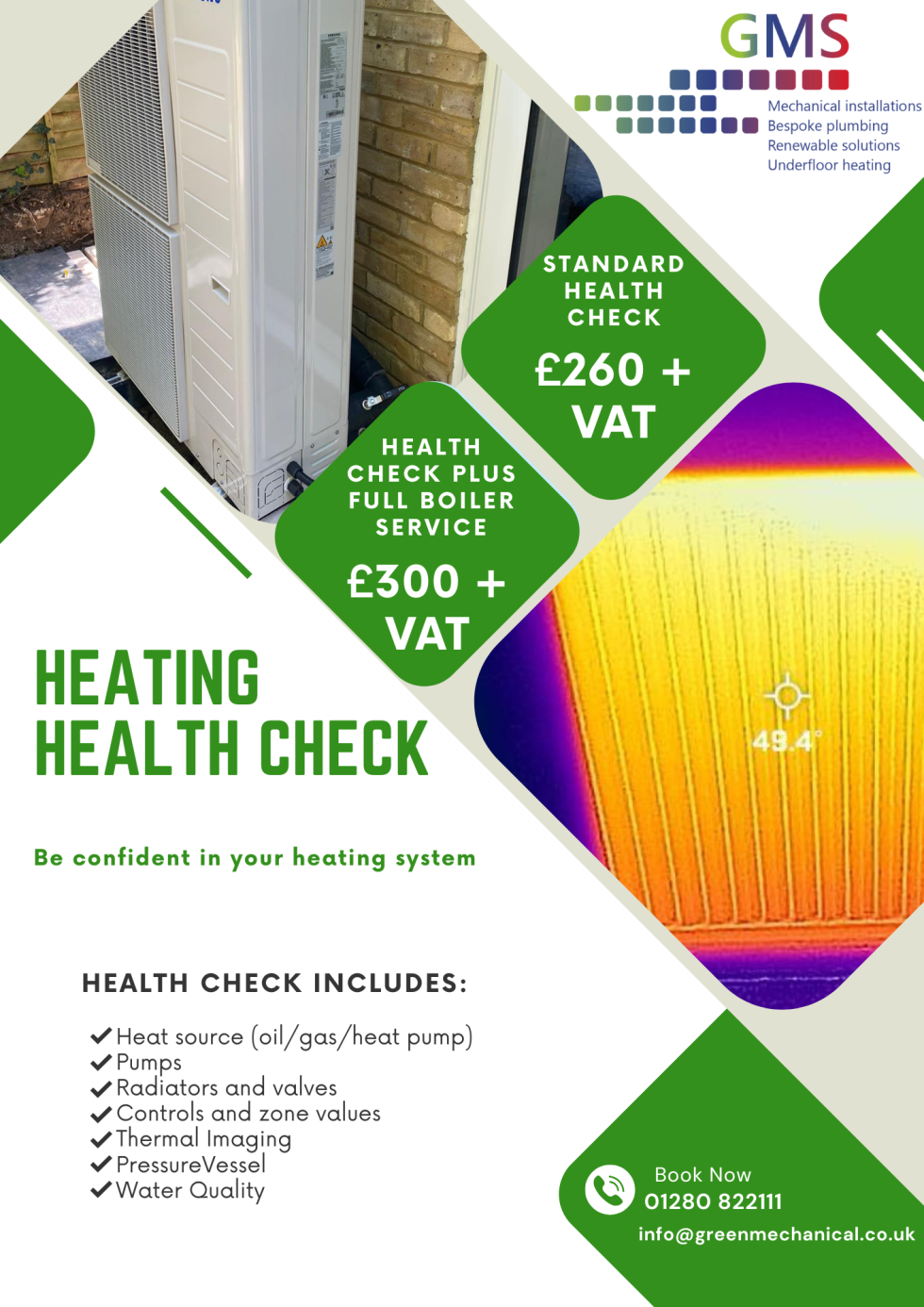 Flyer for a GMS heating system health check service, including pricing, contact details, and a list of included services.