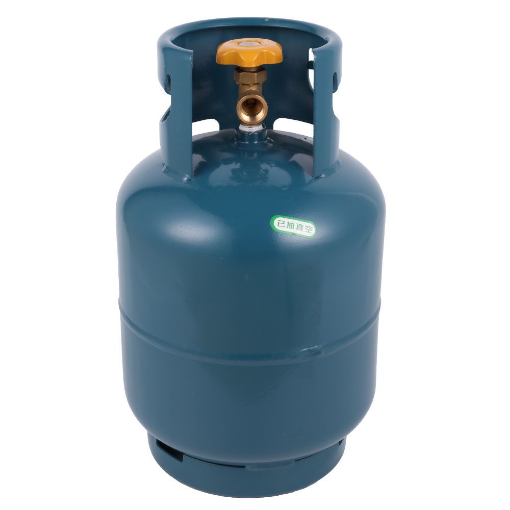 A teal-colored portable liquid petroleum gas (LPG) cylinder with a yellow control valve, isolated on a white background.