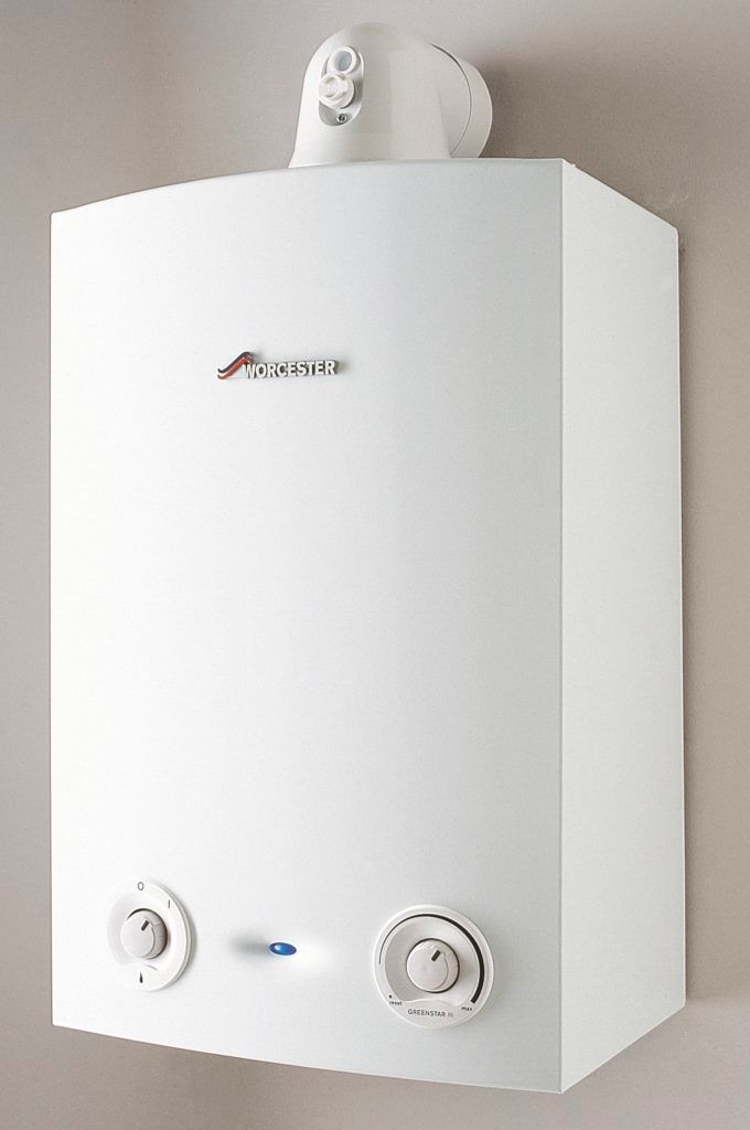 A white Worcester Bosch wall-mounted gas boiler with two circular control dials and a central blue indicator light.