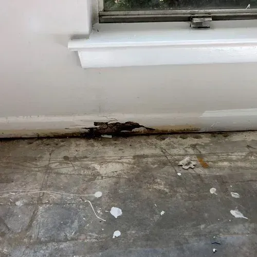 Damaged wall baseboard below a window. Rot and discoloration visible. Concrete floor with paint splatters.