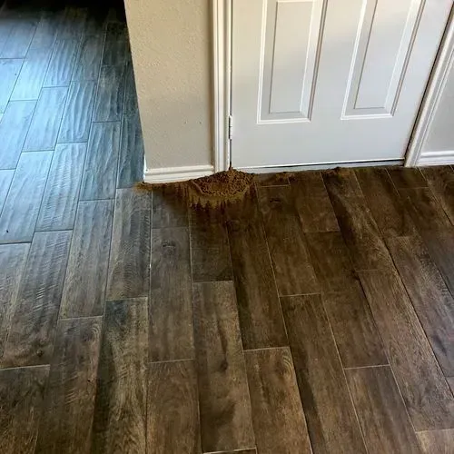 Wood-look flooring in two tones meets at a doorway; tan debris gathers at the threshold near the white door.