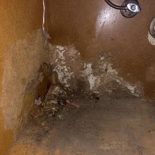 Corner of a bathtub with damaged surface, showing chipped and peeling material. Light and dark brown tones.
