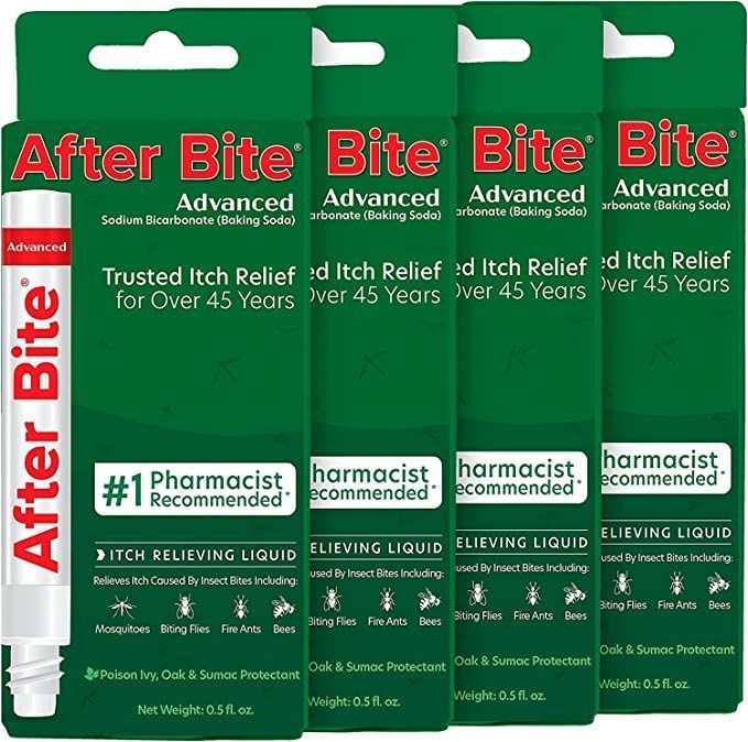 Four boxes and a tube of After Bite itch relief liquid. Red and green packaging.