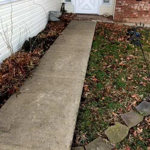 Concrete walkway leading to a white door, flanked by lawn and dead leaves.