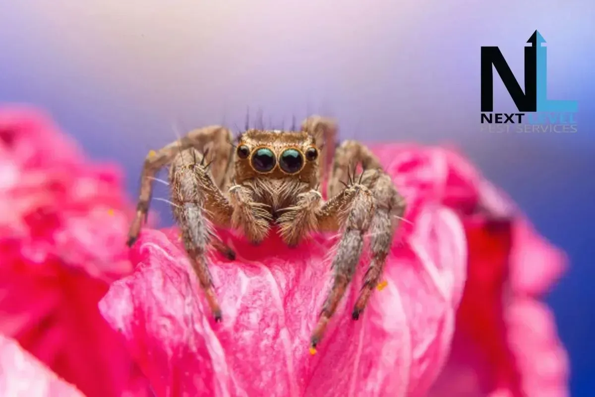 Jumping spider with large eyes, on a pink flower petal, against a blue background.