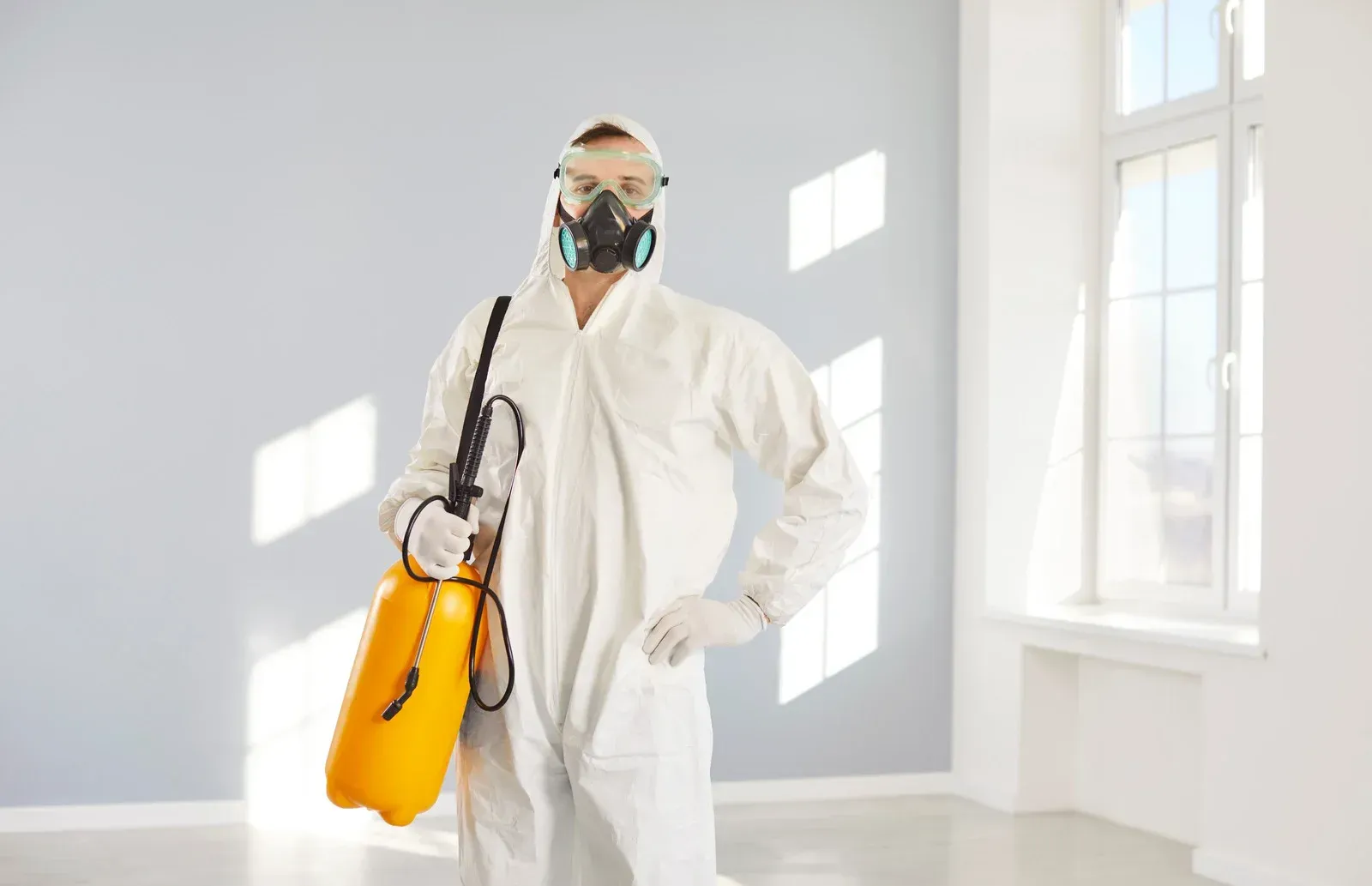 Person in protective suit, respirator, and goggles holds a yellow sprayer in an empty room.