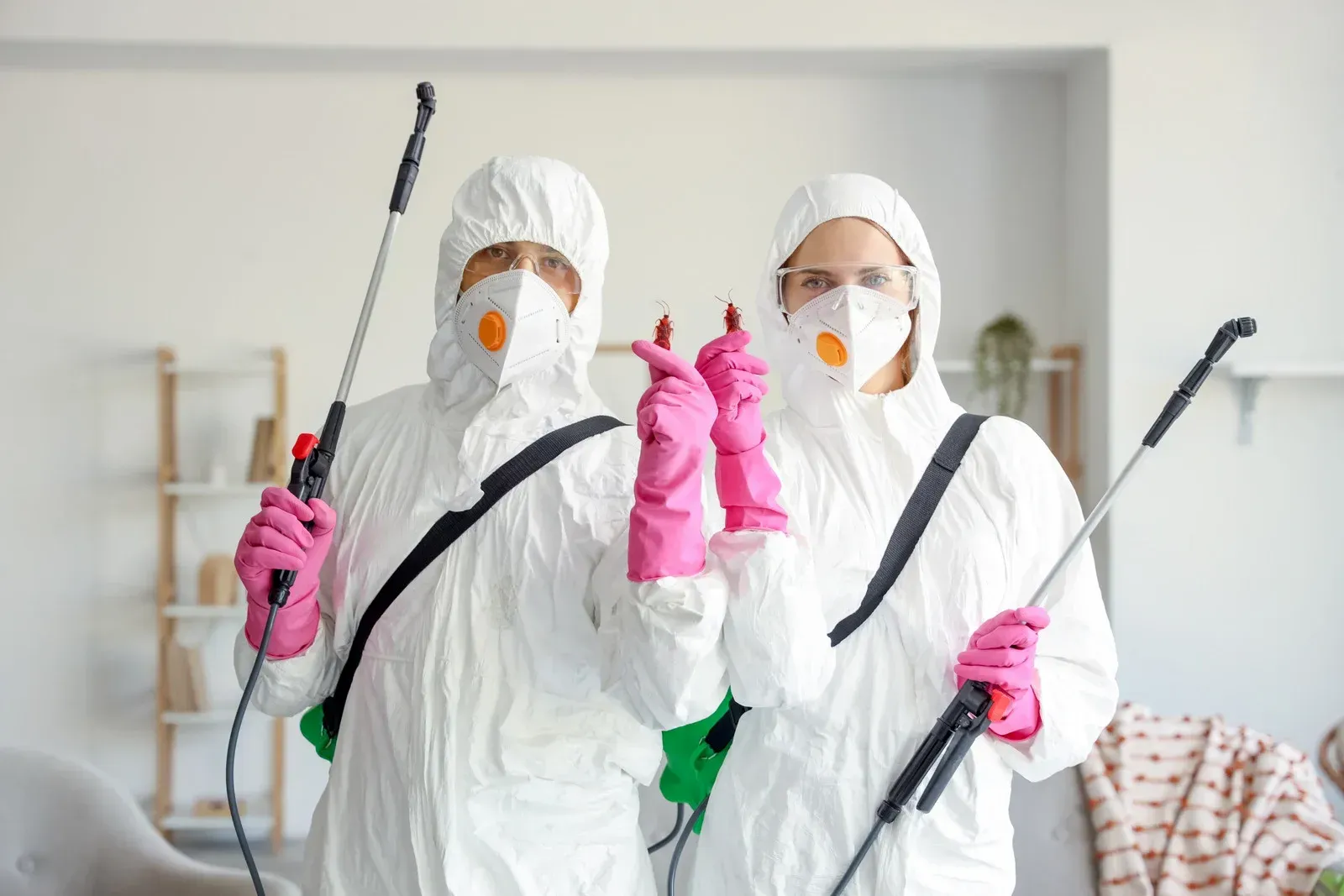 Two people in protective suits and masks hold sprayers, indoors. One makes a heart symbol with their fingers.