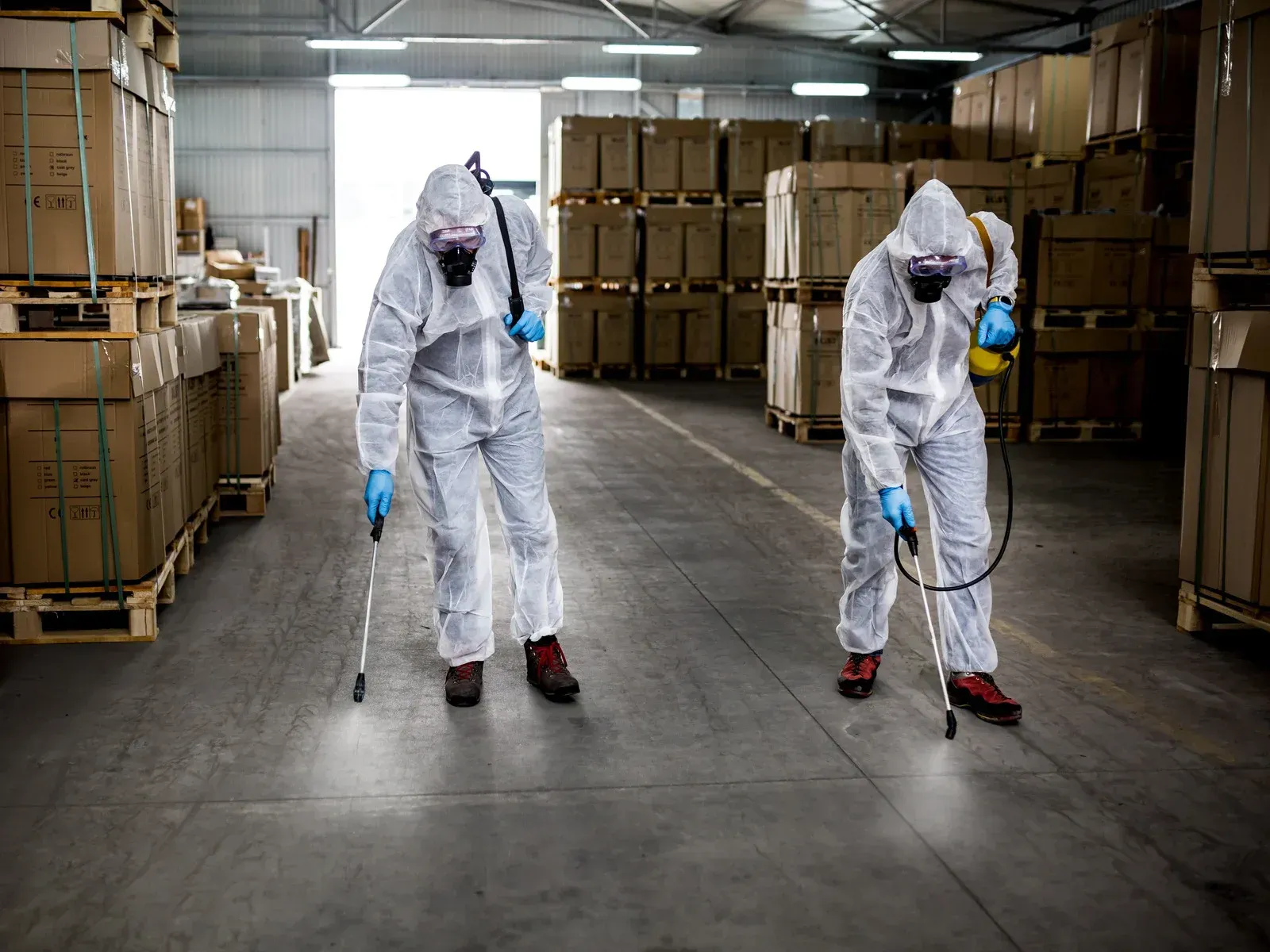 Two workers in protective suits spraying disinfectant in a warehouse.