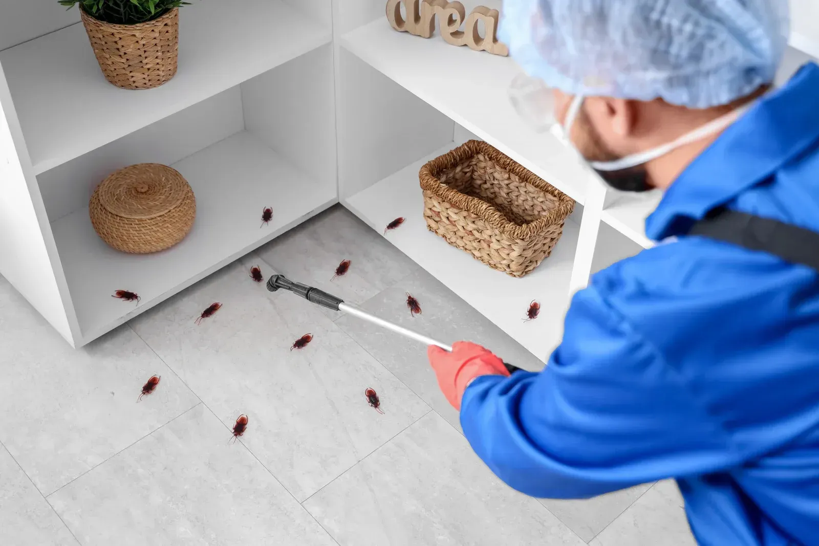 Pest control worker spraying insecticide on floor covered in cockroaches near white shelves.