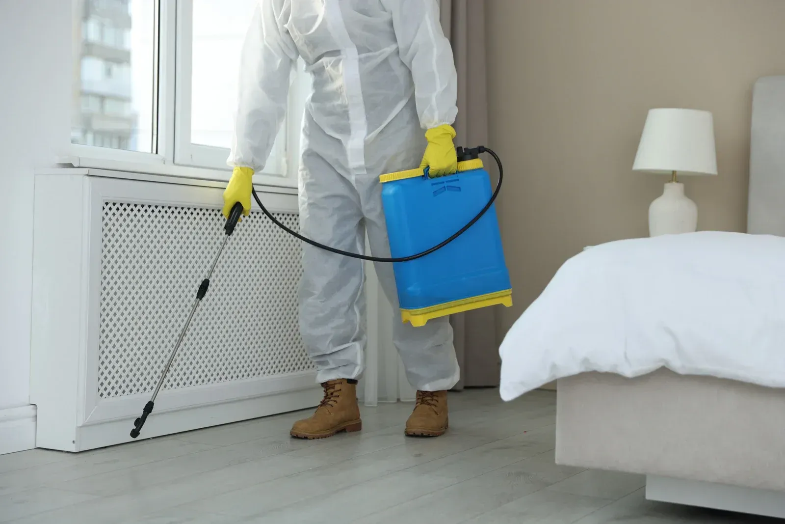 Person in protective suit spraying insecticide near a window and bed in a bedroom.