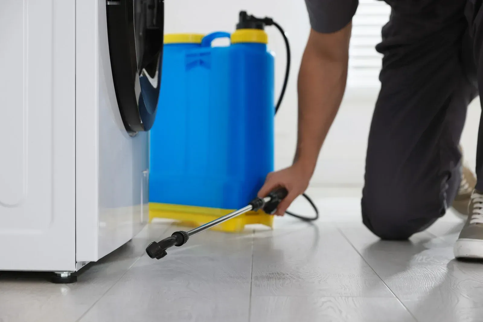 Person sprays insecticide near a washing machine and a blue sprayer in a room with light-colored flooring.