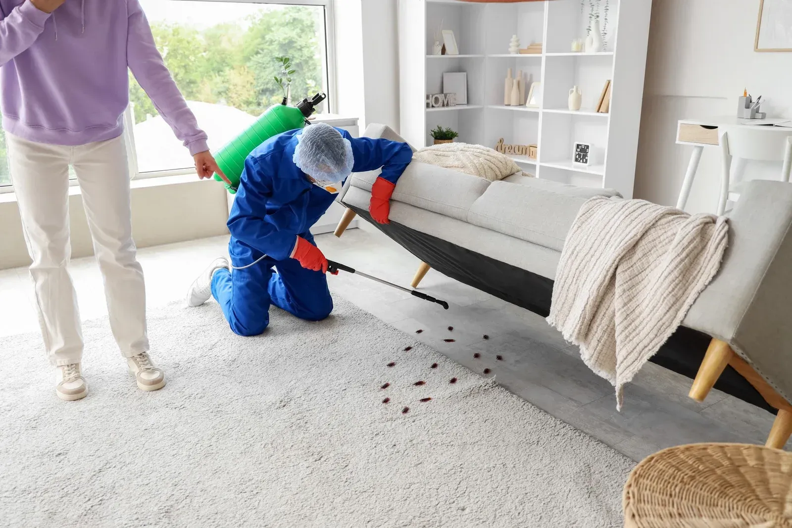 Pest control worker sprays carpet under sofa, homeowner watches, bright interior with rug.