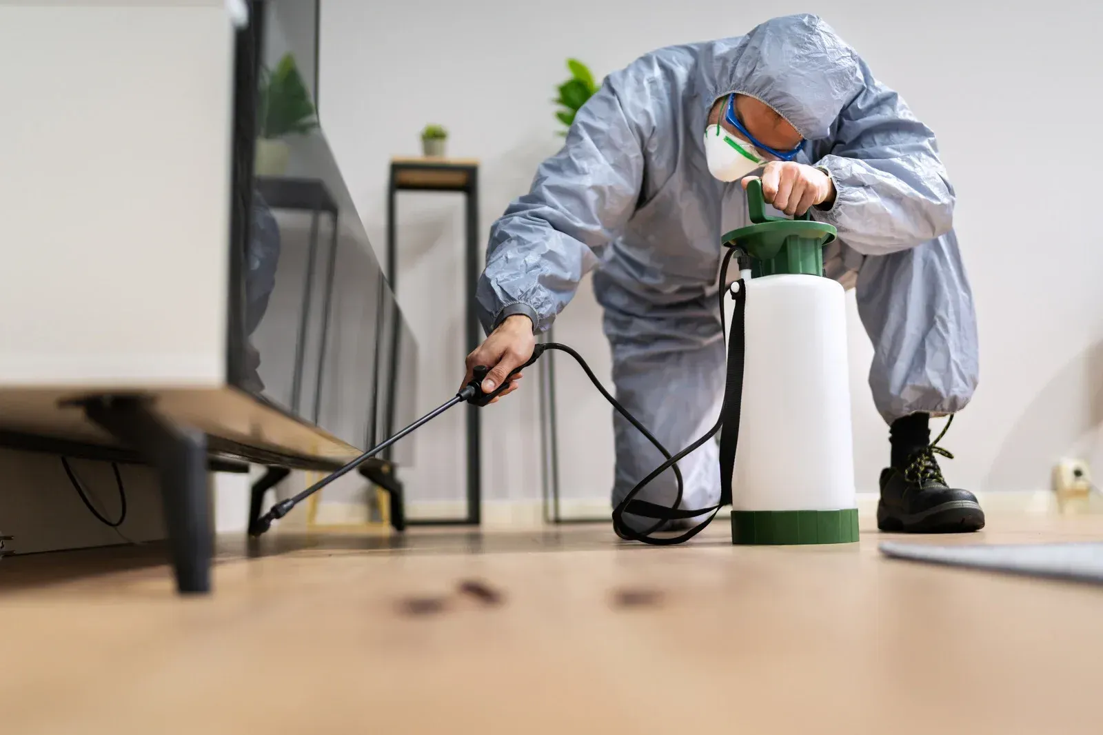 Pest control worker in protective suit spraying insecticide under a cabinet in a home.