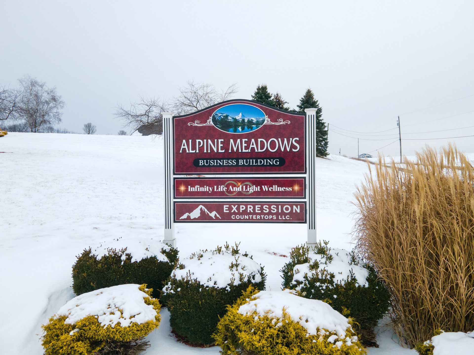 Sign for Alpine Meadows and businesses, covered in snow on a cloudy day.