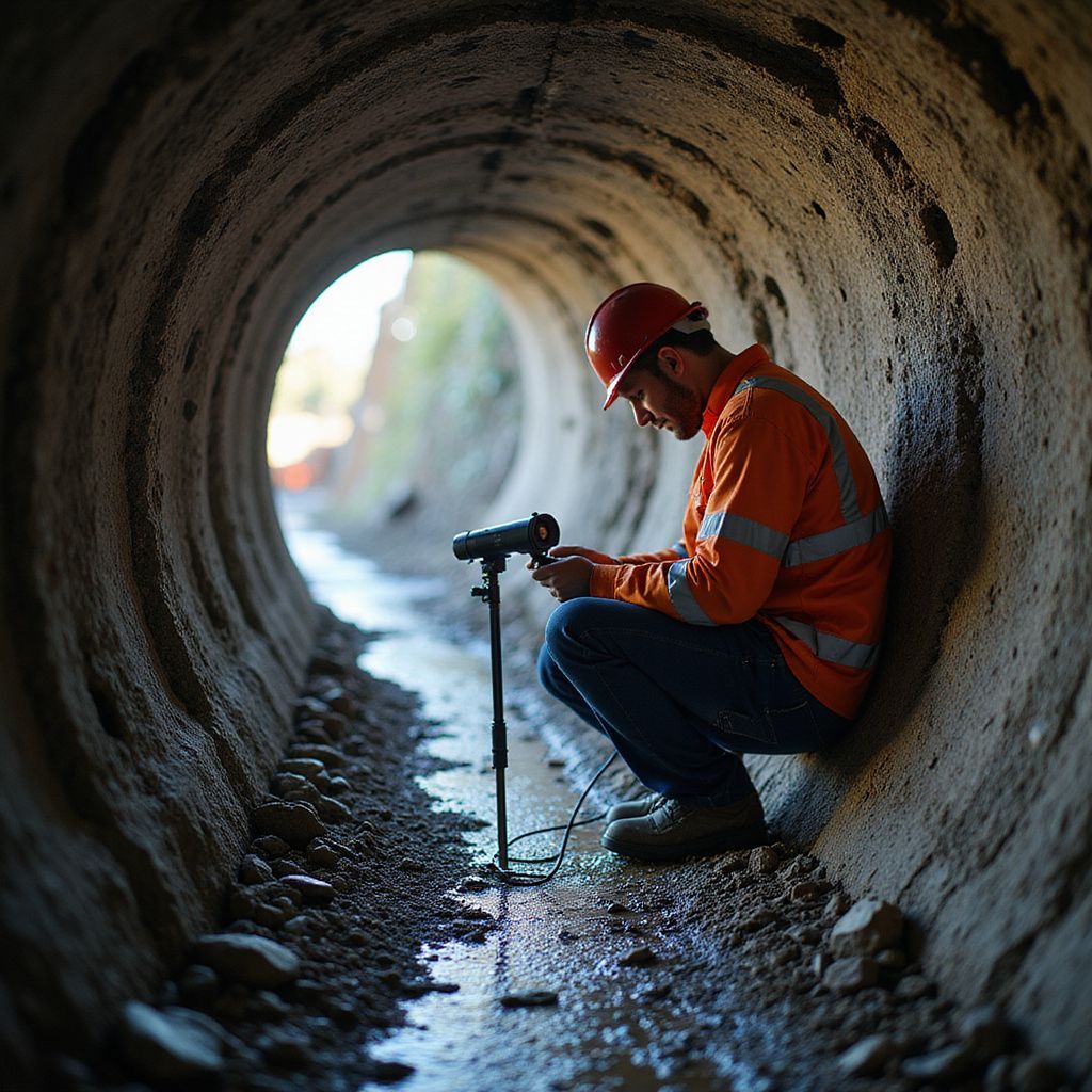 Construction worker in orange safety gear using equipment inside a concrete tunnel.