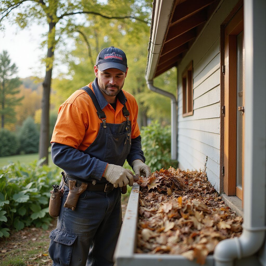 Man cleaning leaves from a gutter on a house. He wears gloves, overalls, and a hat. Autumn setting.