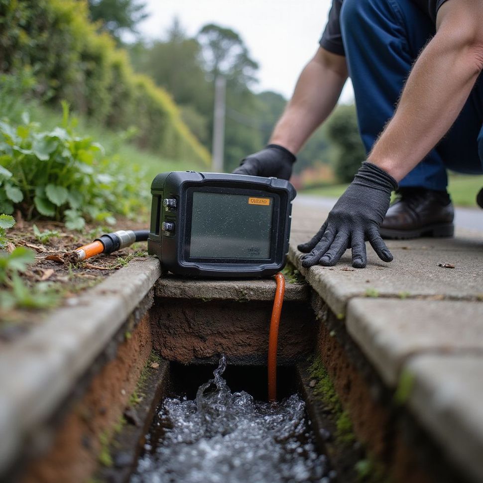 Man inspecting a water drain with a camera. The camera shows flowing water in a drainage ditch.
