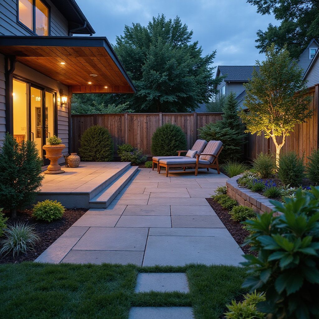 A backyard patio with lounge chairs, a wooden fence, and lush landscaping, illuminated at dusk.