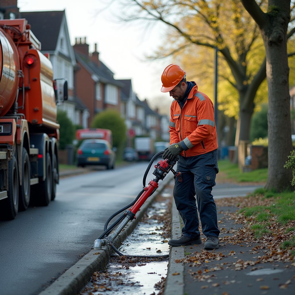 Man in orange workwear cleans a street drain next to an orange tanker truck. Residential street.