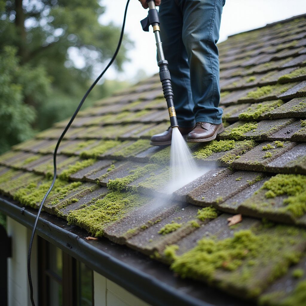 Person pressure washing a moss-covered roof with a stream of water.