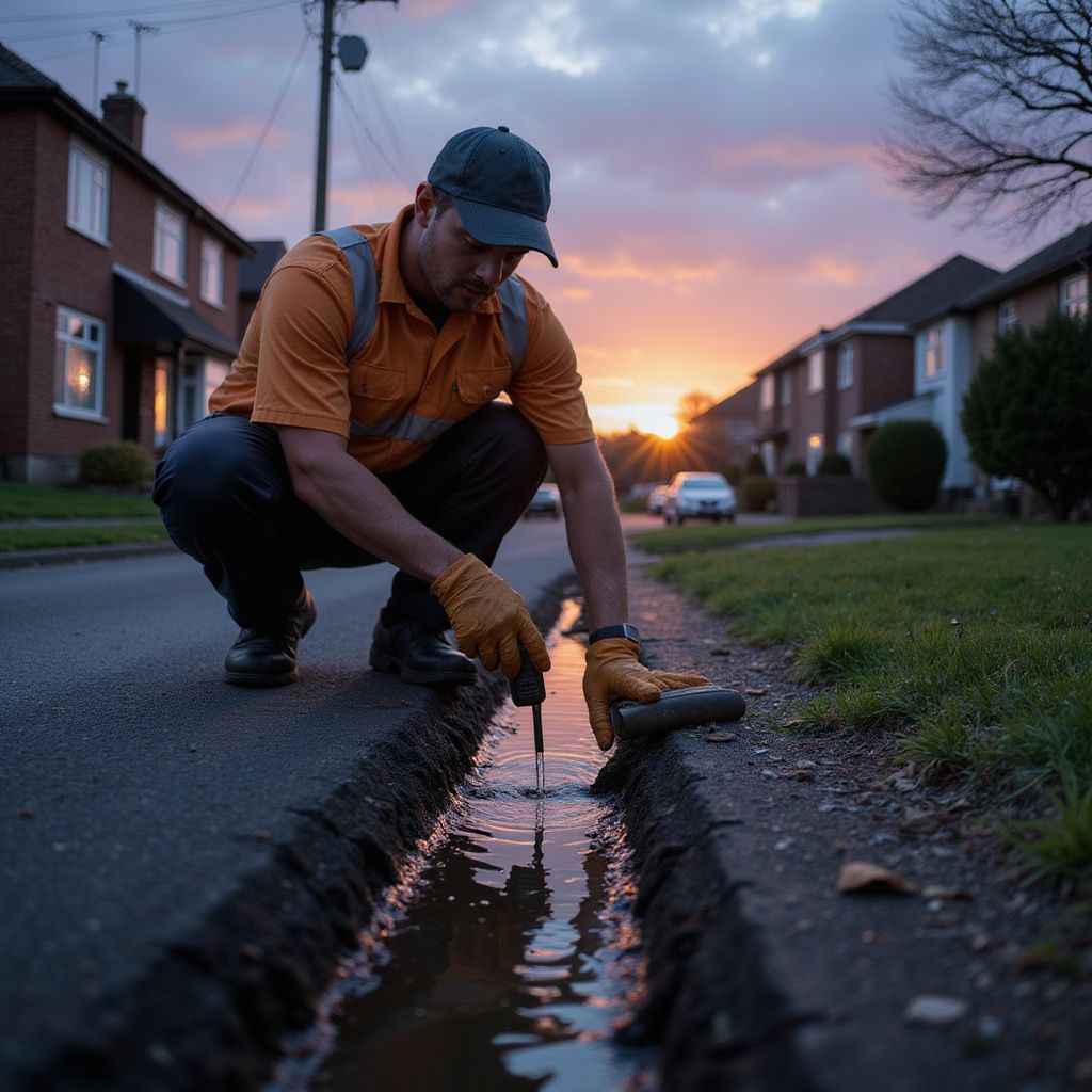 Man in orange shirt examines water in a street gutter during sunset. Houses line the street.