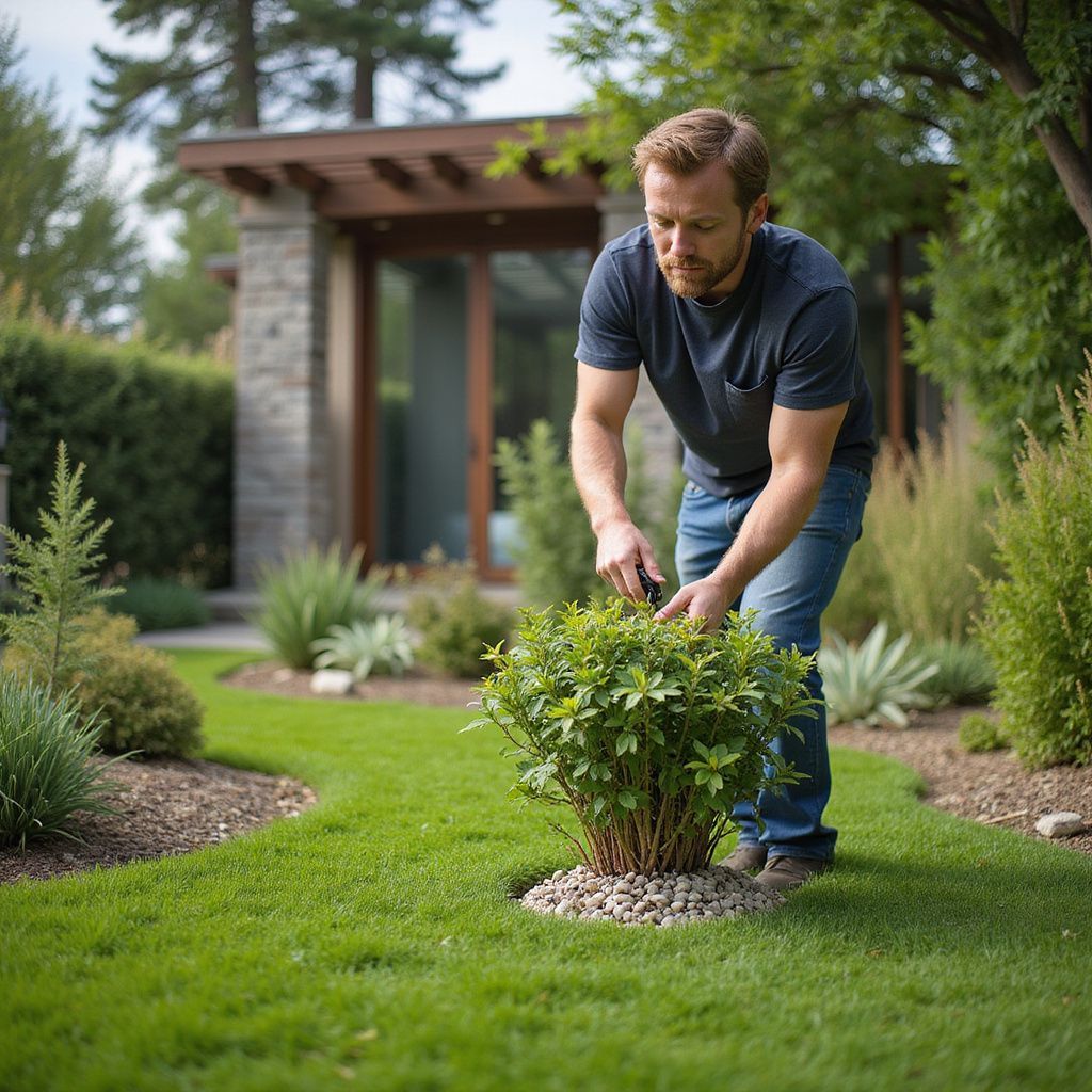 Man trimming a bush in a well-manicured garden; sunny day, modern home in background.