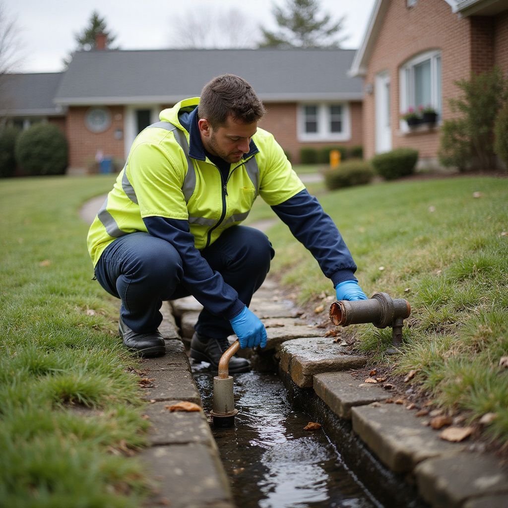 A person in a yellow vest examines a water drain in a residential area.