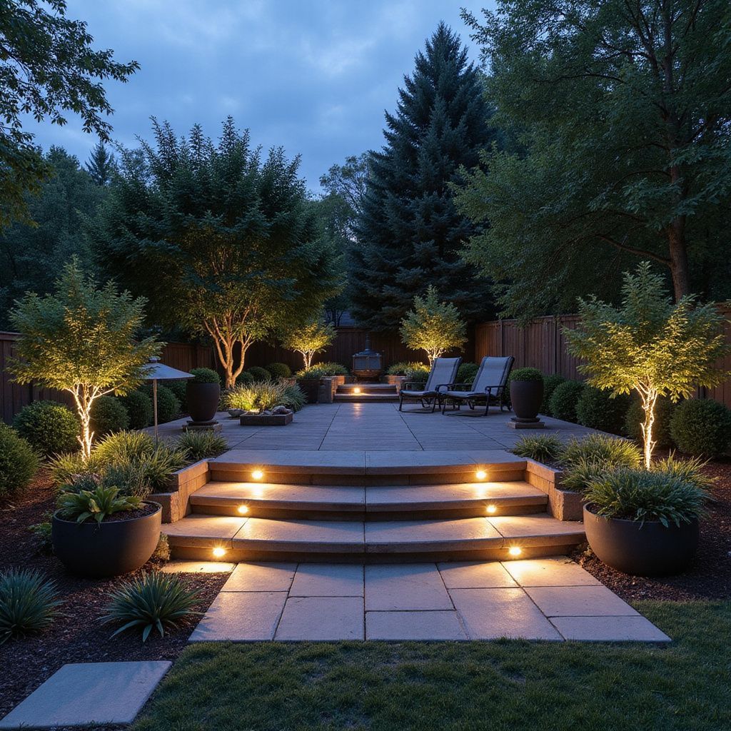 Nighttime garden patio with illuminated steps and trees.