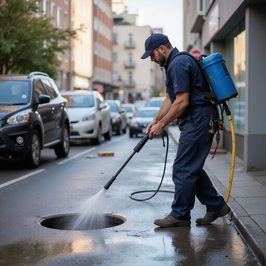 Man power washes a street drain in a city. He wears blue work clothes and uses a pressure washer.