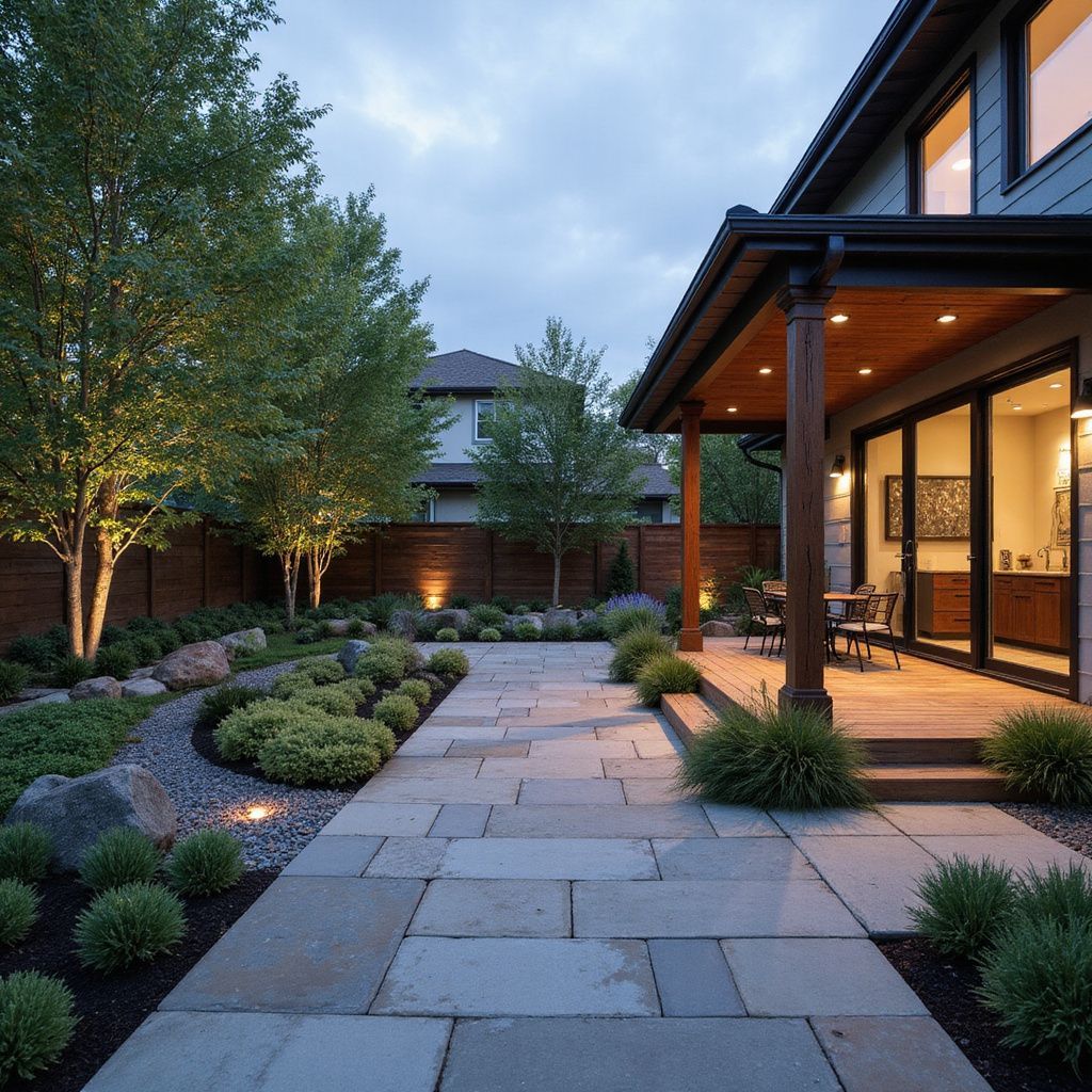 Stone patio and landscaped backyard with trees and a covered porch.