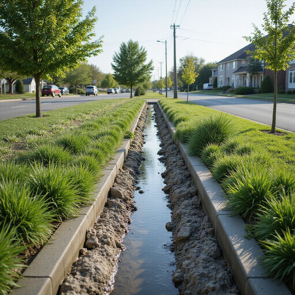 Long drainage ditch running along a residential street, flanked by grass and trees; water fills the ditch.