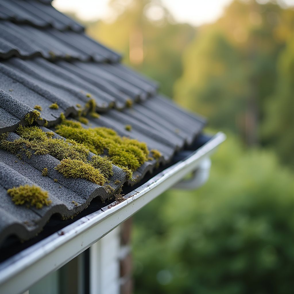 Moss growing on a gray roof with a white gutter, blurry green background.
