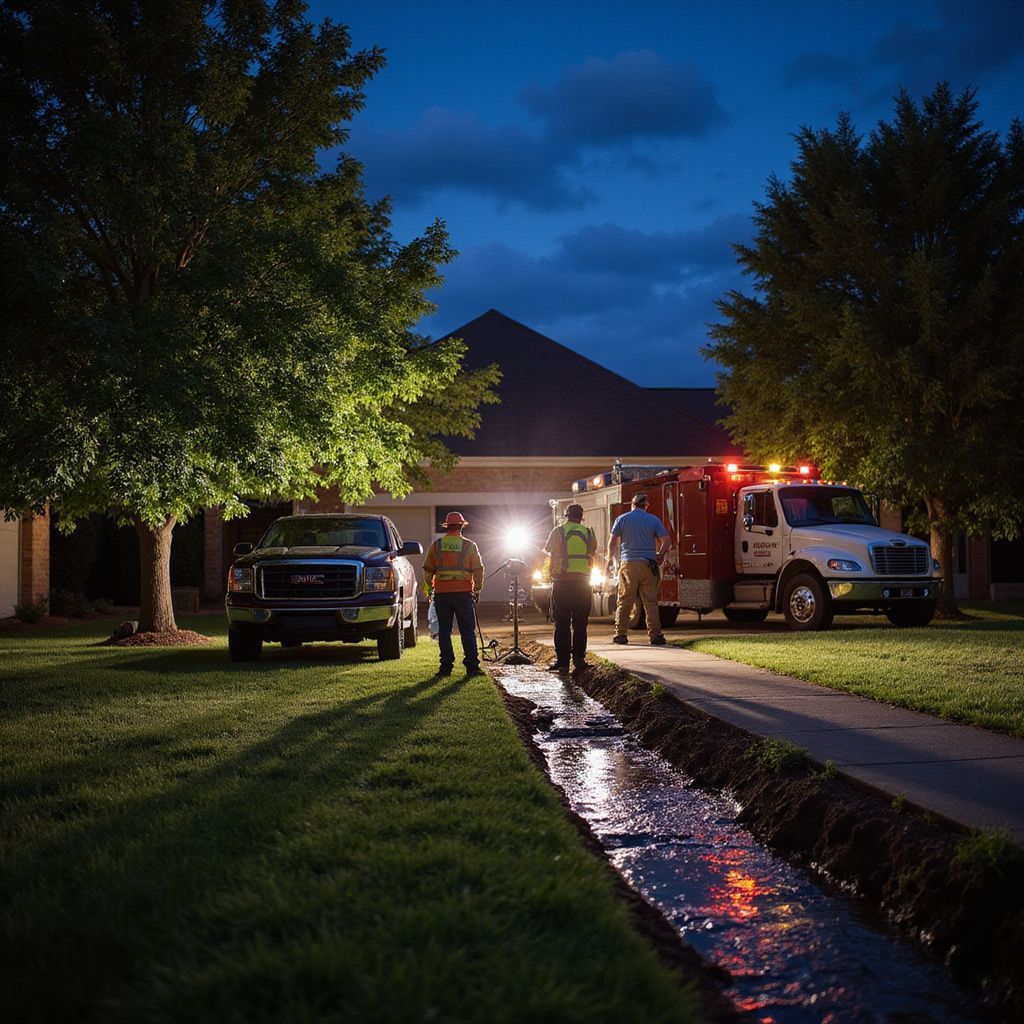 Emergency responders at a home at night. Vehicles, lights, and people near a ditch.