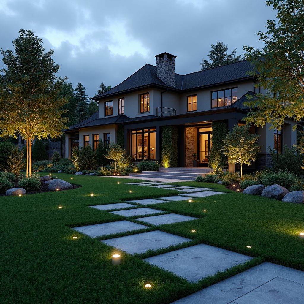 Luxurious home exterior at dusk, illuminated pathway on lawn, trees surround the residence.