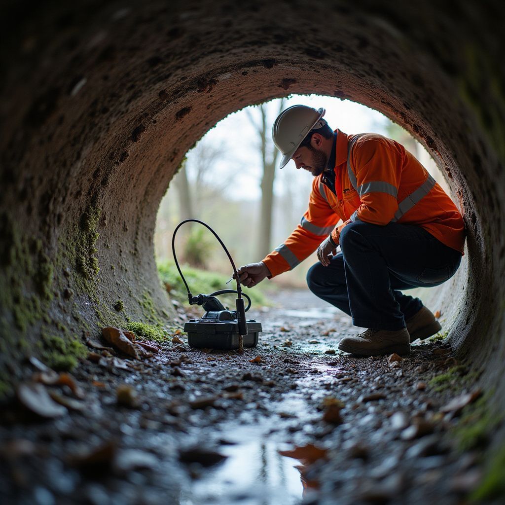 A worker in safety gear inside a concrete tunnel, inspecting equipment on the ground.