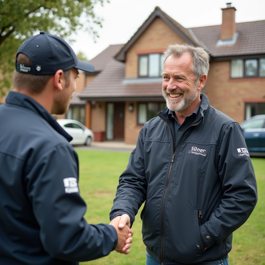 Two men shaking hands in front of a house. One wears a cap and jacket, the other smiles in a jacket, both with logos.
